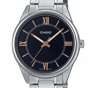 Reloj Casio MTP-V005D-1B5 Original – Acero Inoxidable, Esfera Negra y Números Romanos